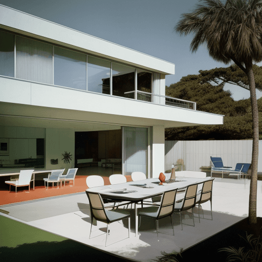 AI generated: Hyper realistic eye level exterior photo of a mid century modern style house overlooking the ocean, ...