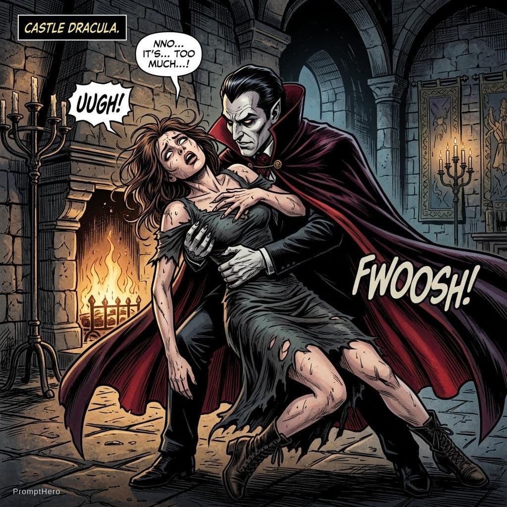 AI generated: crea immagine con grafica da  comic americano,personaggio è in piedi  sviene tra le braccia di  drac...