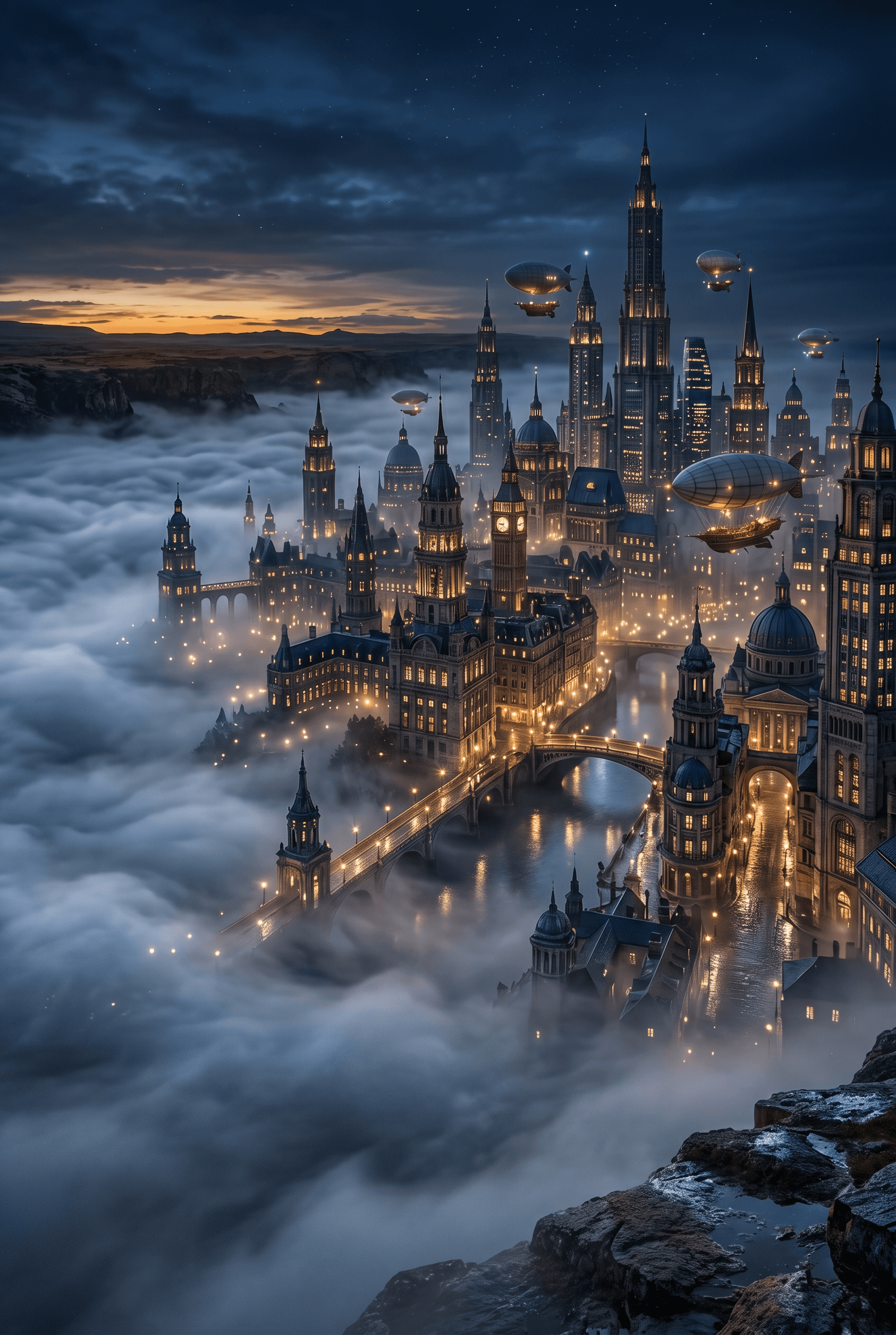 AI generated: As the last traces of sunlight fade beyond the horizon, a vast sea of silver mist rolls across a qui...