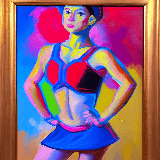 AI generated: an oil painting, wide angle of a cheerleader in the style of Willem de Kooning colorful, high contra...