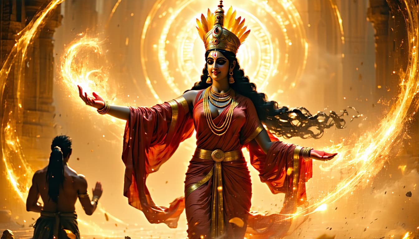 AI generated: A digital artwork depicting a Hindu deity in an ornate golden crown with feather-like decorations, w...