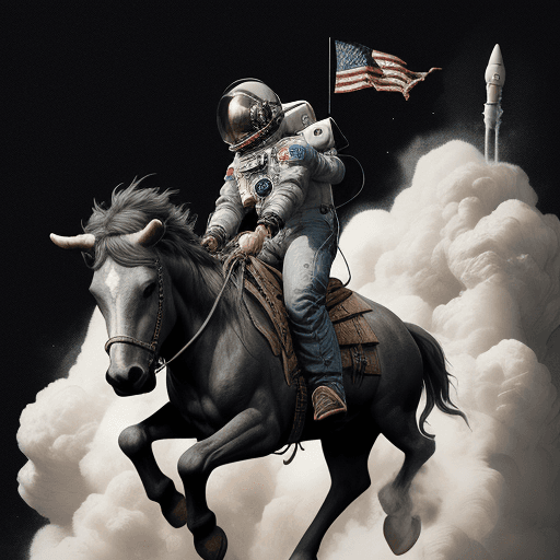 AI generated: Black and Gray Tattoo, solid bold lines, image of astronaut depicted as a cowboy, riding a rocket sh...