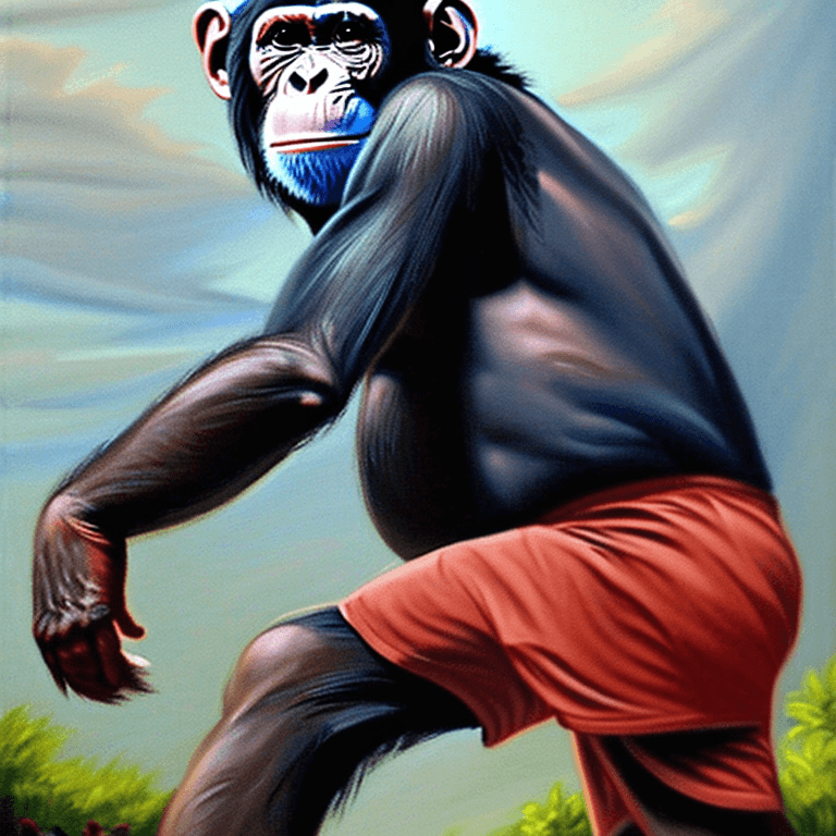 AI generated: a chimpanzee wearing a red shorts and a Blue T-shirt, as seen in planet of the apes movies, hyperrea...