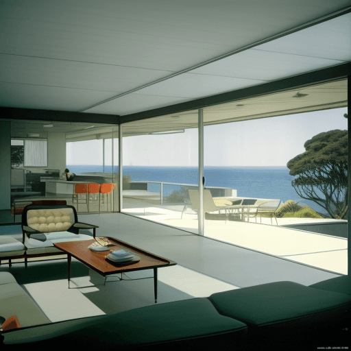 AI generated: Hyper realistic eye level exterior photo of a mid century modern style house overlooking the ocean, ...