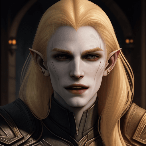 AI generated: ESO Altmer, golden hair, pale skin, vampire fangs, beautiful, pointy ears