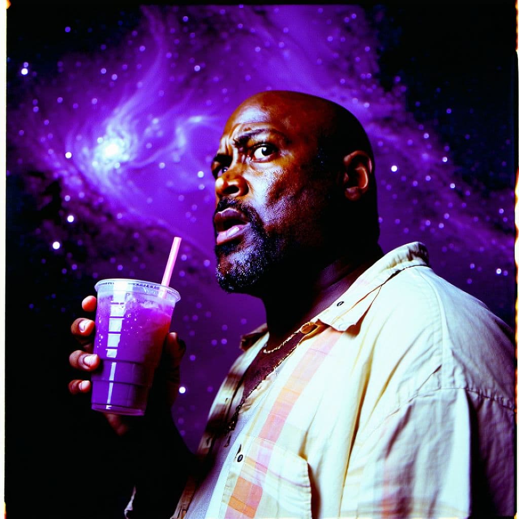 AI generated: grainy 80's photograph quality polaroid of big fat bald neurotic fearful black man caught in a unive...