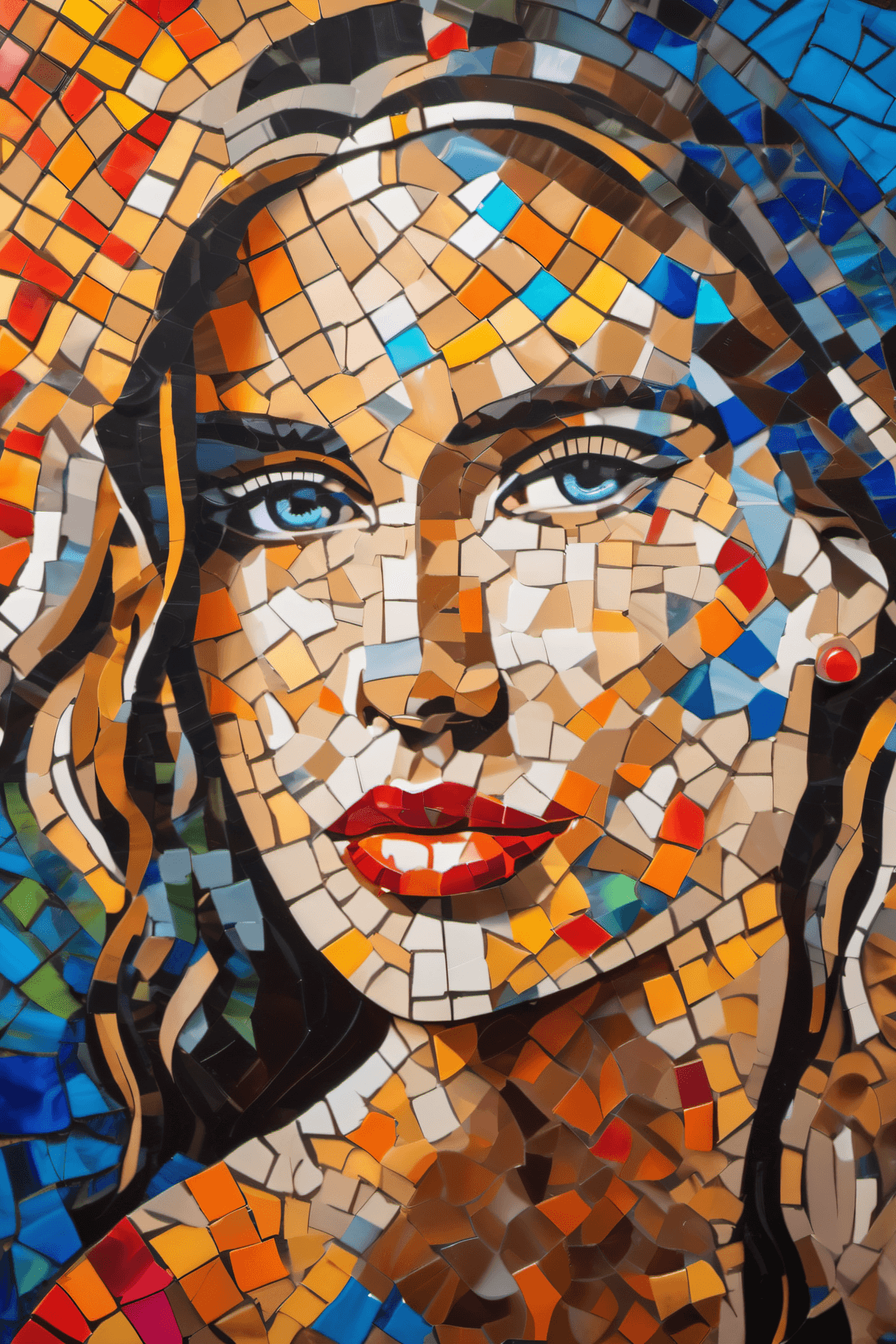 AI generated: a painting of a woman, a close-up of a woman's face with a mosaic design on it, a mosaic design base...
