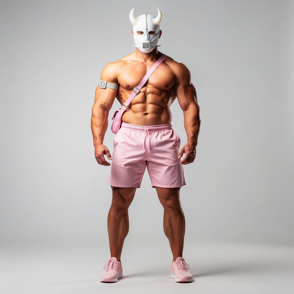 AI generated: A big muscular man wearing light pink short shorts and with a light pink arm band and small light pi...