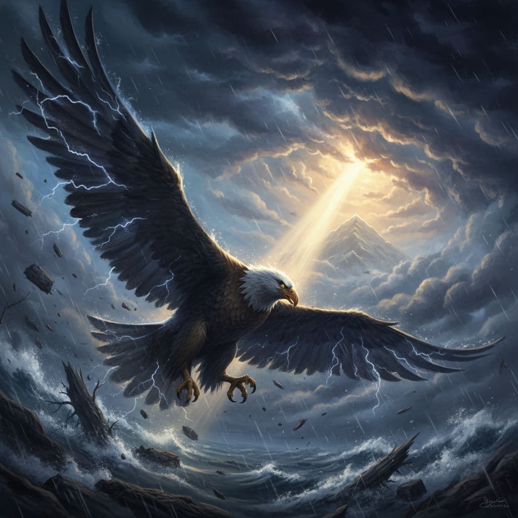AI generated: An eagle cloaked in storm clouds, flying against hurricane winds toward a beam of radiant light — hi...