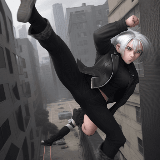 AI generated: 15-year-old girl with silver hair reaching her shoulders, wearing a black jacket, trying to punch a ...