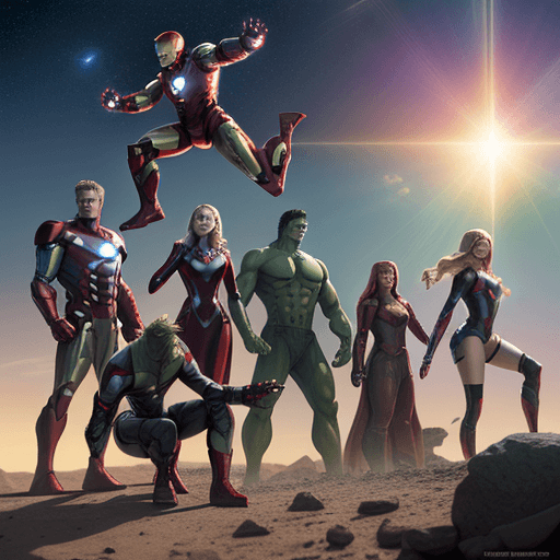 AI generated: Iron Man, Captain America, Thor, Hulk, Clint Barton et Natasha Romanoff sont sur le sol de la planet...