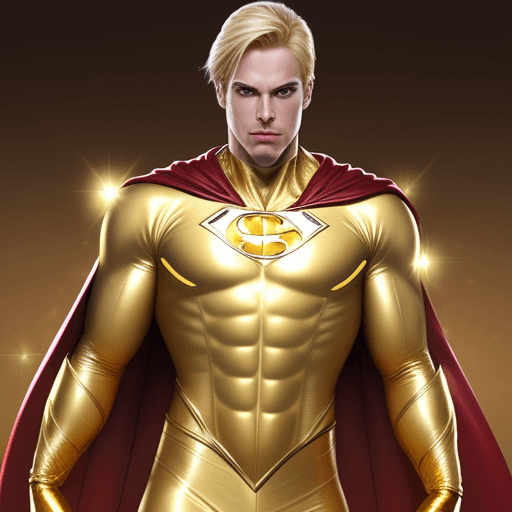 AI generated: male superhero named champion blond hair, no symbol on chest, skin tight gold suit, gold cape, gold ...