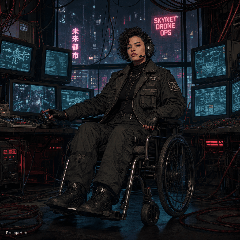 AI generated: female drone operator in wheelchair, short dark curly hair, tactical jacket, military headset, confi...