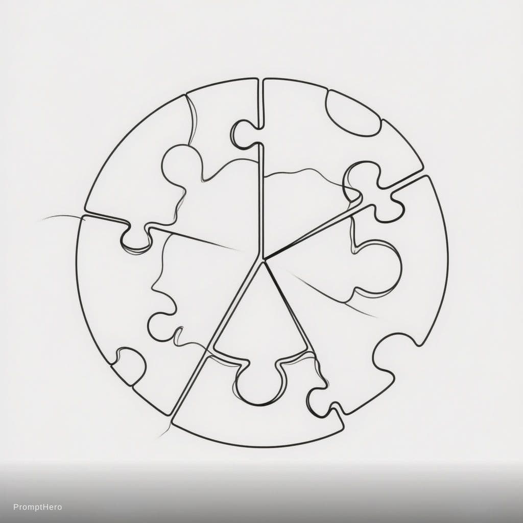 AI generated: Minimalist one-line drawing of a circular six-piece puzzle, arranged like a pie chart. Continuous si...