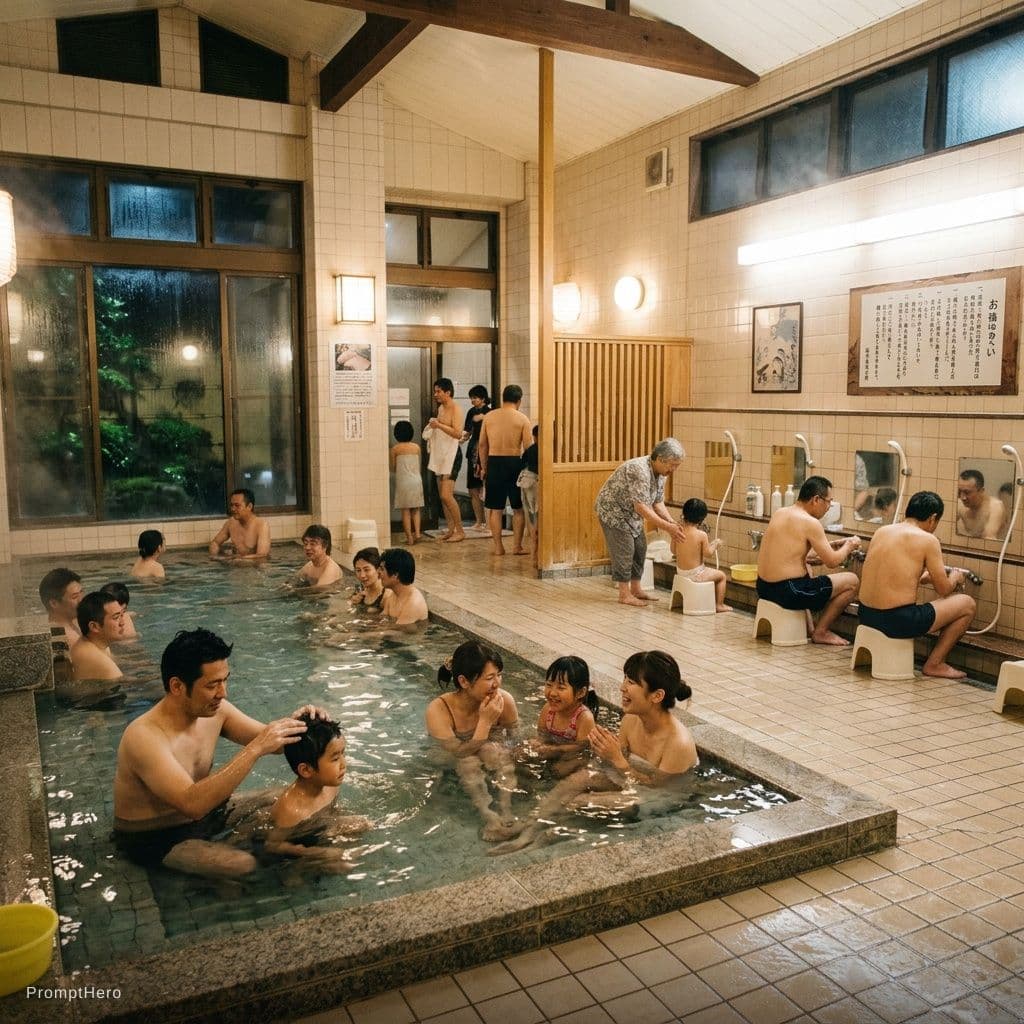 AI generated: Occupied family bathhouse many