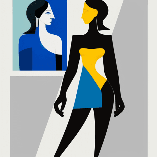 AI generated: a woman standing, in the style of Pablo Picasso, simplified geometric forms, simple use of color, dy...