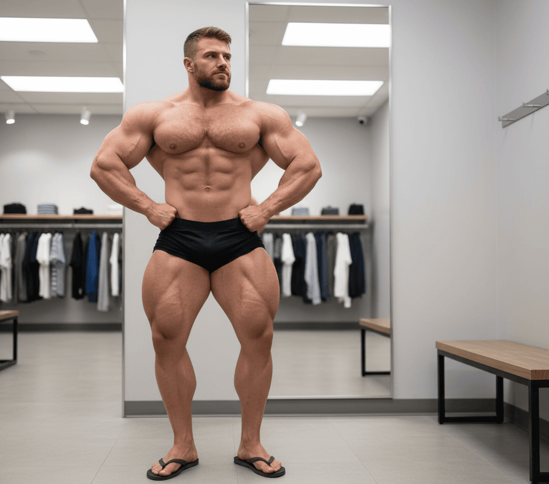 AI generated: At a dressing room at a clothing store with no customers, the bodybuilder is 6'4" tall, he has huge ...