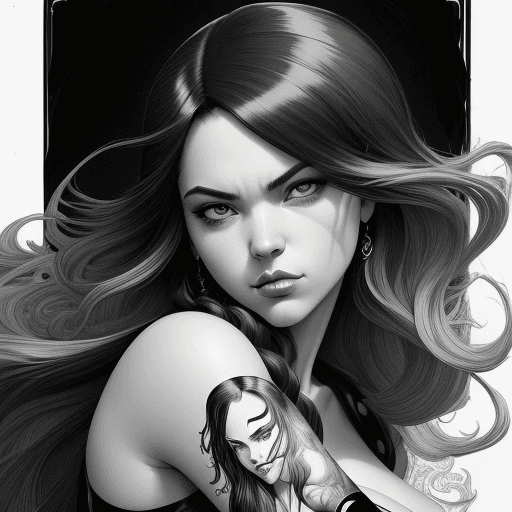 AI generated: black and white illustration in the form of a woman with flowing hair, in the style of martine johan...