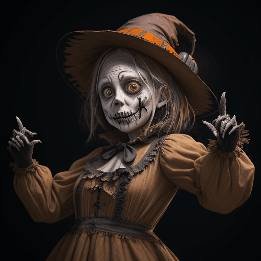 AI generated: Halloween costume of old scarecrow, dancing, character portrait, photorealistic, big eyes, wide angl...