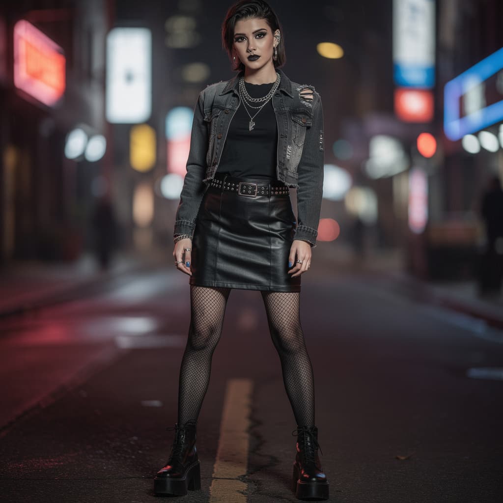 AI generated: A 20 year old goth girl in fishnets Stockings and a leather skirt