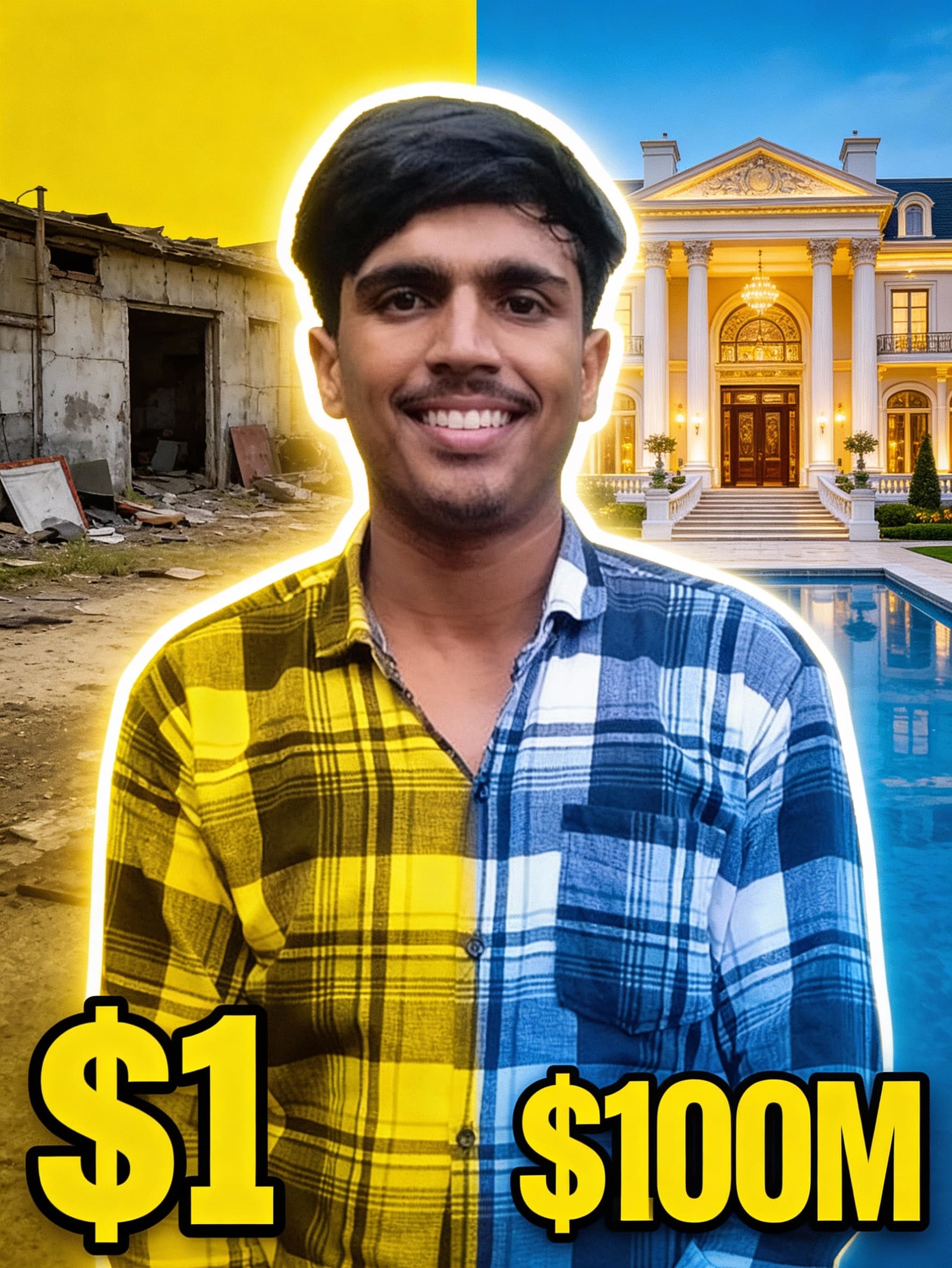 AI generated: MrBeast style extreme comparison thumbnail,
happy confident male face in center,
bright rim light ar...