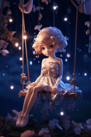AI generated: A 3D porcelain doll delicately poised on a swing, surrounded by enchanting fireflies, emanating a no...