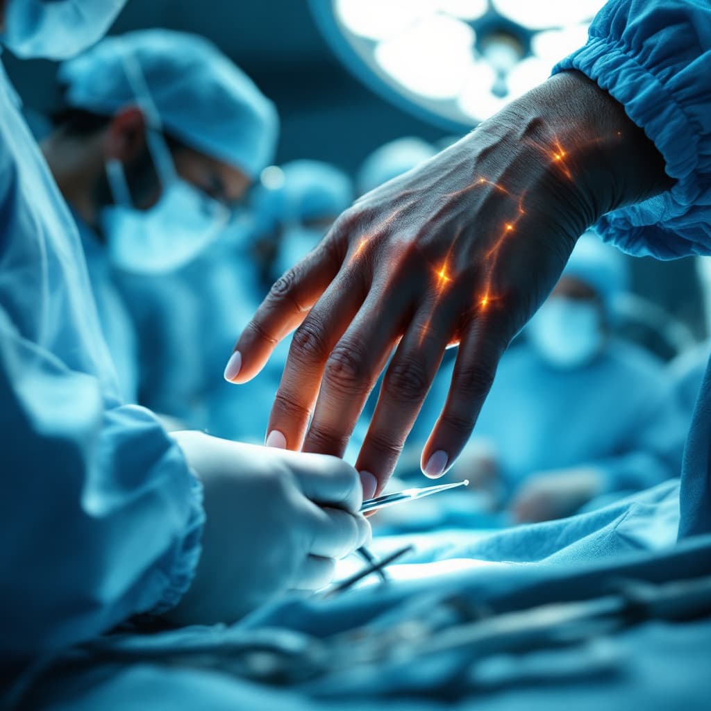 AI generated: `/imagine prompt: Surgical team in high-tech operating room, focus on hands:

South Asian surgeon's ...