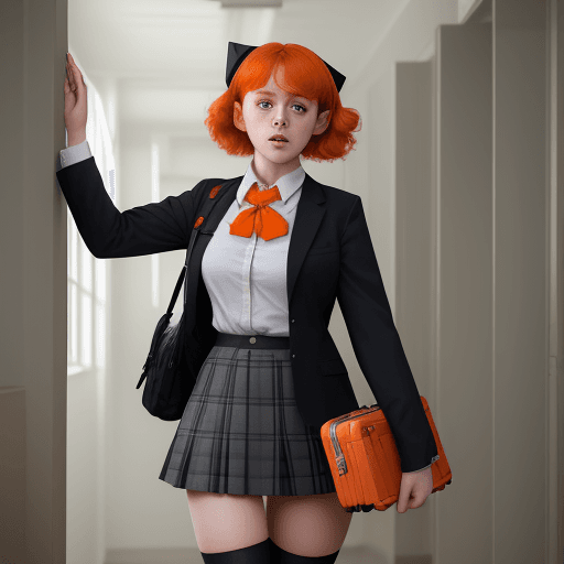 AI generated: masterpiece, mid shot, arafly dressed woman with orange hair and a suitcase, a portrait inspired by ...