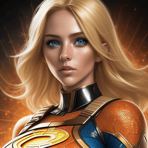AI generated: Female woman superhero with blonde hair, hazel eyes, with glistening colors and a mosaic atmosphere