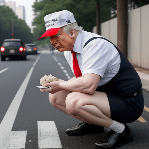 AI generated: U.S. President Trump squats on the side of the road to eat dumplings