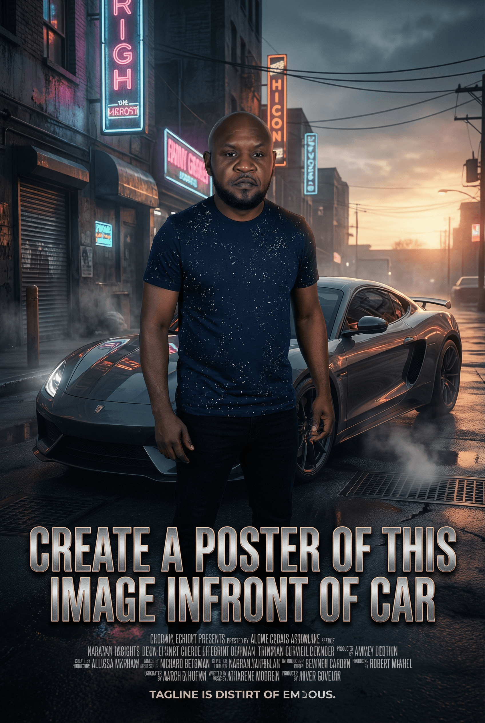 AI generated: create a poster of this image infront of car