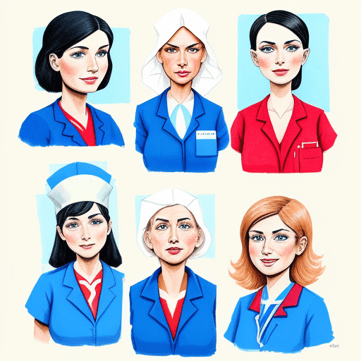 AI generated: expressive gouache and ink illustration of an hospital and some nurses front of 