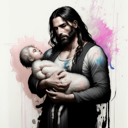 AI generated: Abstract oil painting of extreme long shot full length portrait of jesus christ holding cute baby la...