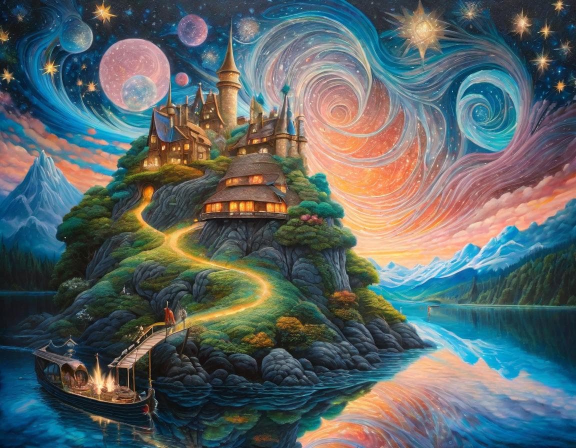 AI generated: A surreal fantasy painting inspired by the works of Hayao Miyazaki and J.R.R. Tolkien, magic, glitte...