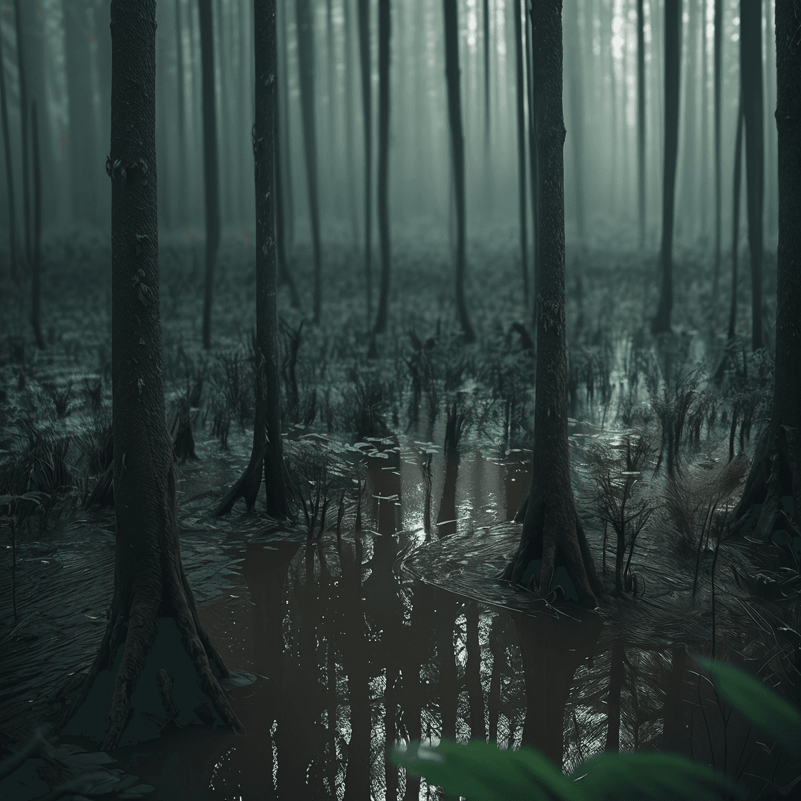 AI generated: dull highly detailed swamps forest flooded with swamps, highly atmospheric aestethic photography of ...
