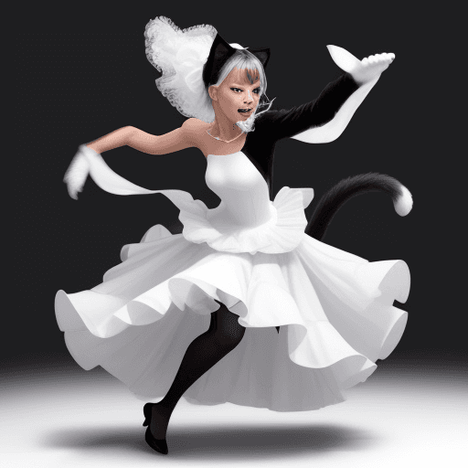 AI generated: Hyper realistic black cat dancing, dressed with a white dress
