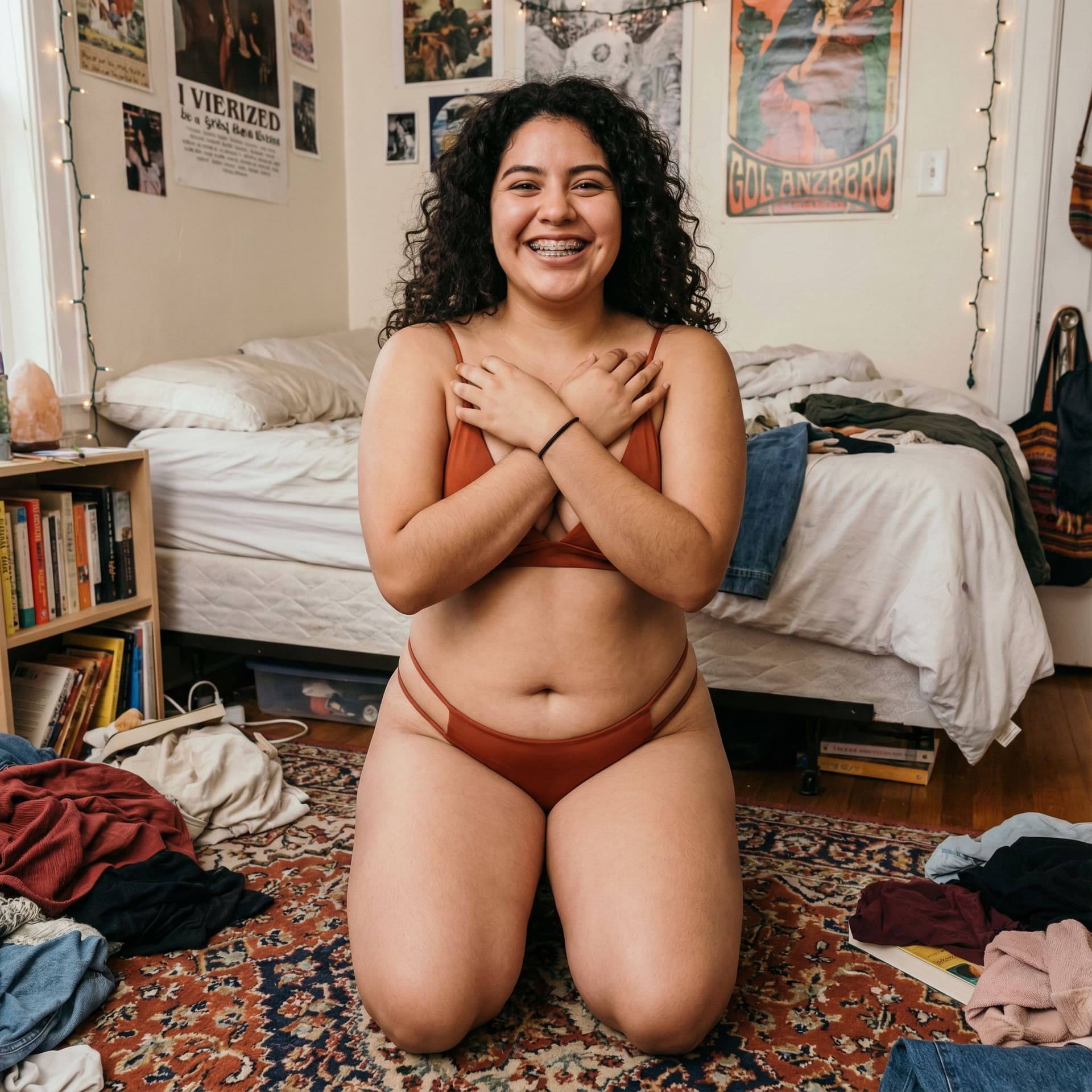 AI generated: A chubby 18 year old Mexican woman messy bedroom. She is smiling wide with her braces clearly visibl...
