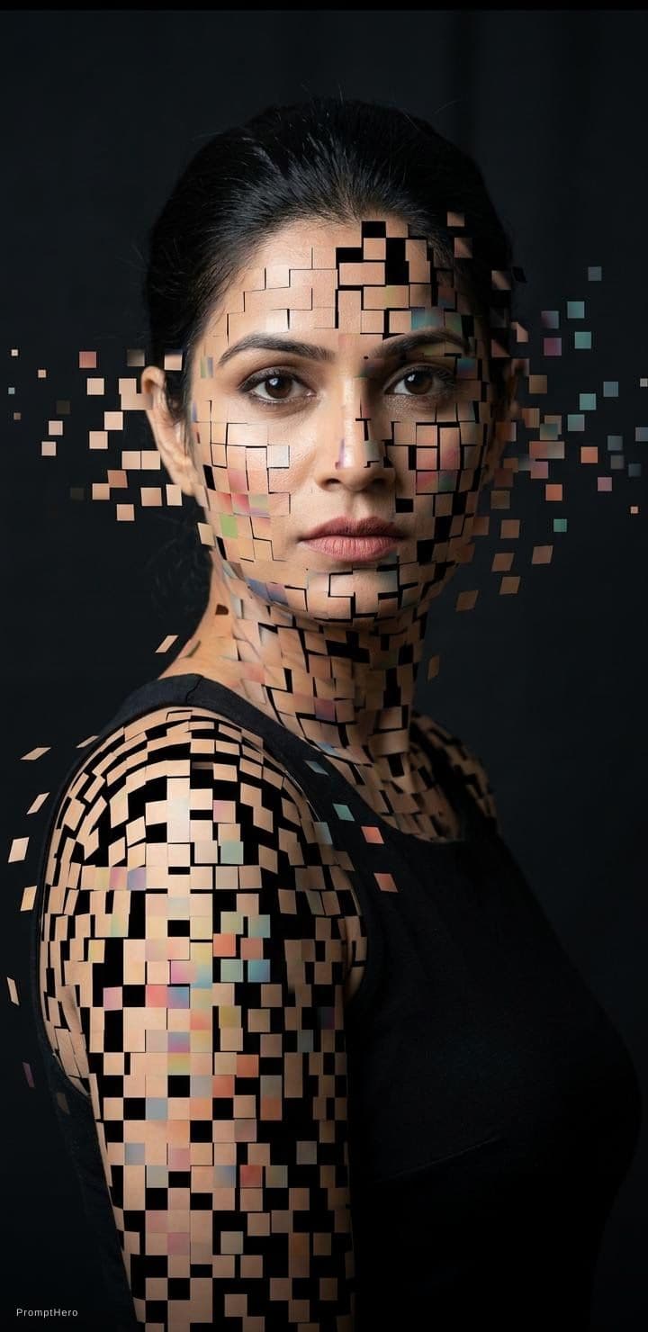 AI generated: portrait of a woman, front shot, gaze, avant-garde styled, wearing a minimalist black wear, features...
