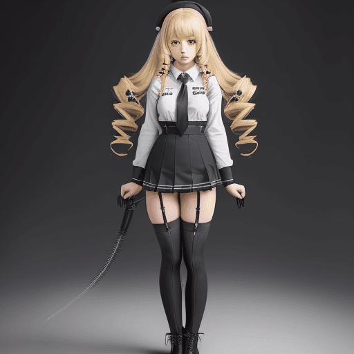 AI generated: Claire Harvey, drill hair, thighhighs, twin drills, garter straps, boots, long hair, blonde hair, sc...