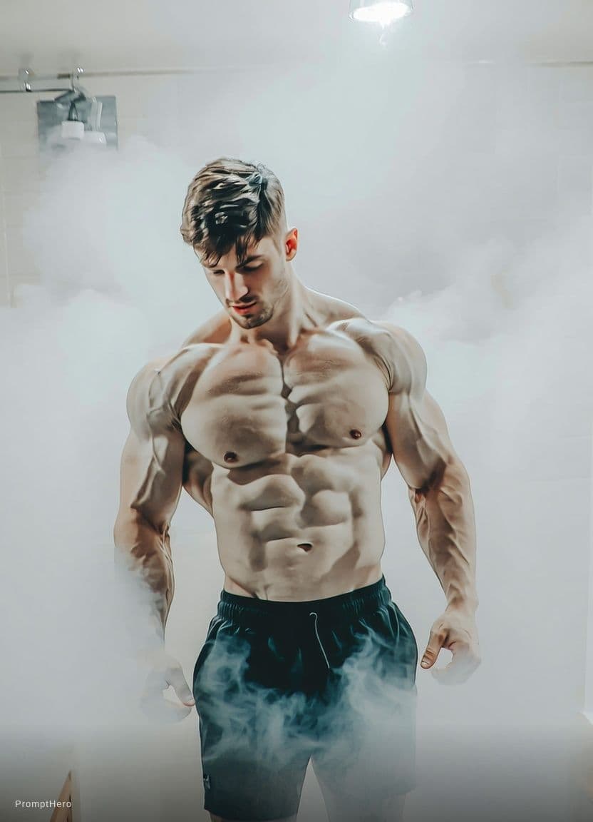 AI generated: color, hot, ((six pack abs)), huge tits, very muscular, showing abs, laying in bed, viewed from roof...