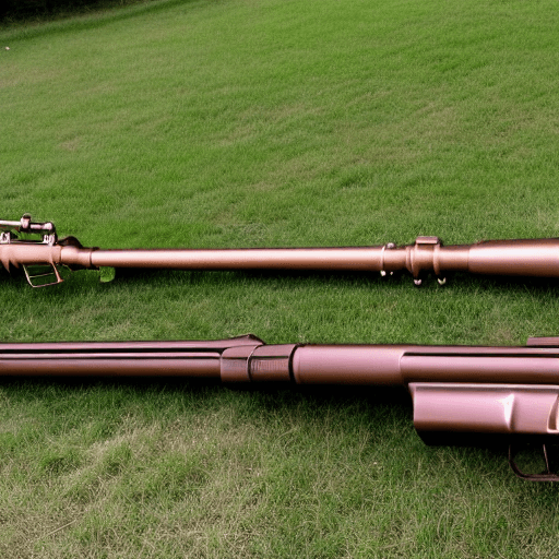 AI generated: Two rifles that cross in the middle that have a copper trumpet mouthpiece