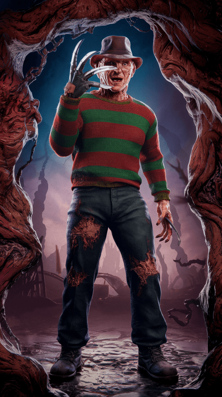 AI generated: “Photorealistic, epic full-body image of Freddy Krueger standing ominously within a surreal nightmar...