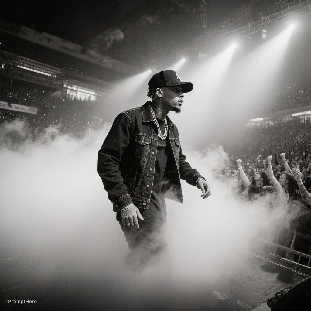 AI generated: black and white photography of rapper in baseball cap emerging from fog on stage during concert, sid...