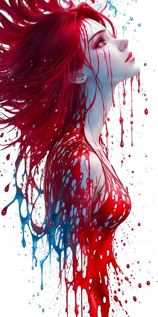 AI generated: A half body portrait of a woman made of blood, half body is submerged in blood, red hair depicting a...