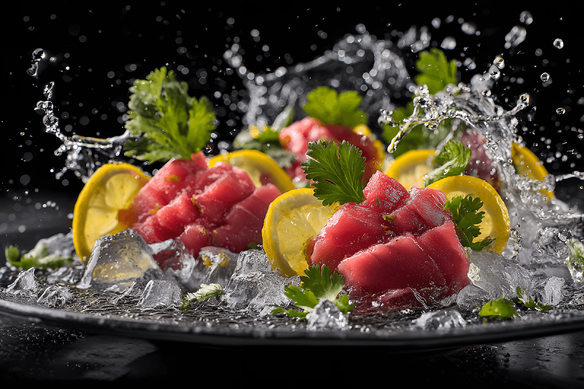 AI generated: vibrant fresh sashimi slices surrounded by  water splashes, garnished with fresh green cilantro and ...