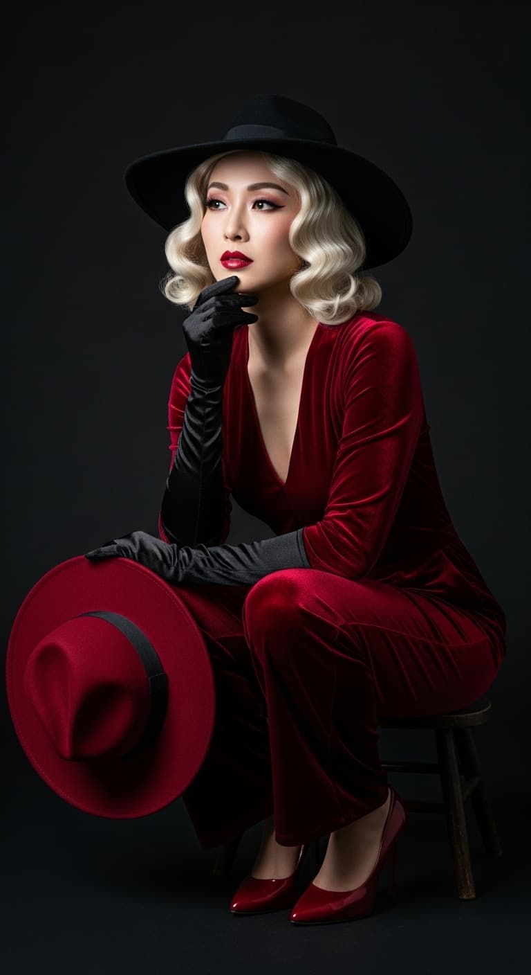 AI generated: In a captivating and enigmatic portrait set against the backdrop of classic Hollywood glamour,an jap...