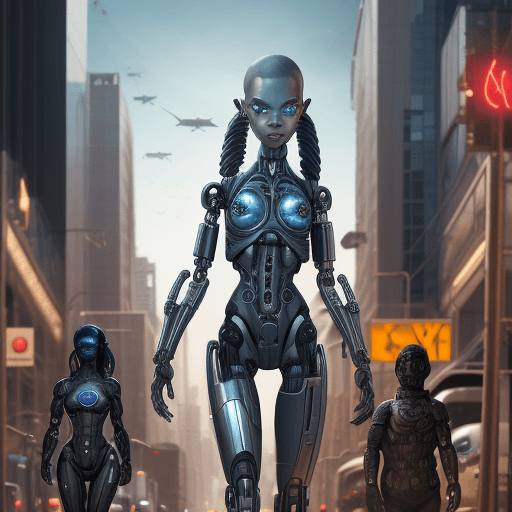 AI generated: girl cyborg figthem with aliens on street city futuruist
