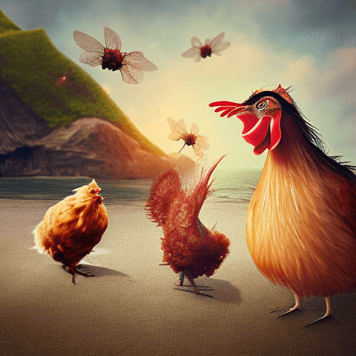 AI generated: giant mosquito next to a scared little chicken on the beach, photo, digital art, fantasy --v 5.2