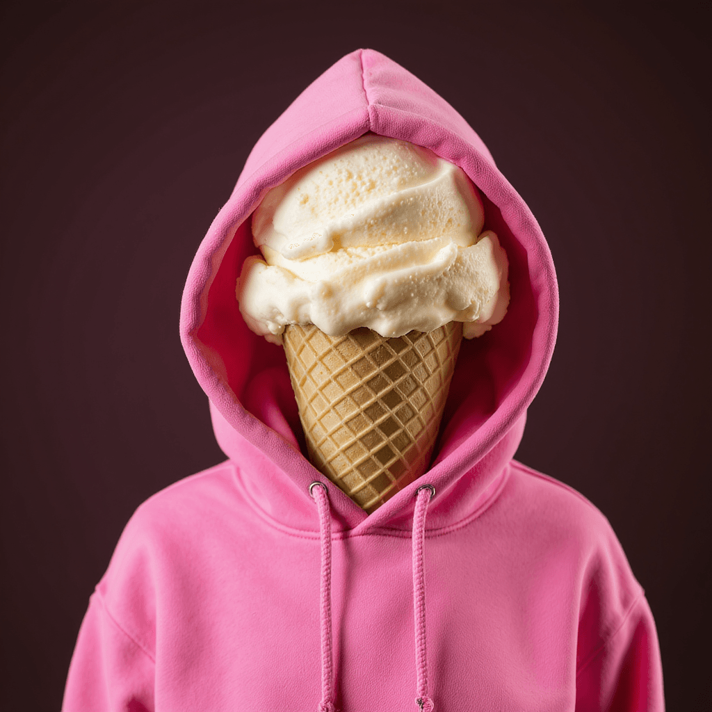 AI generated: Please create an image where an ice-cream cone wears a pink hoodie. create an artistic image with hi...