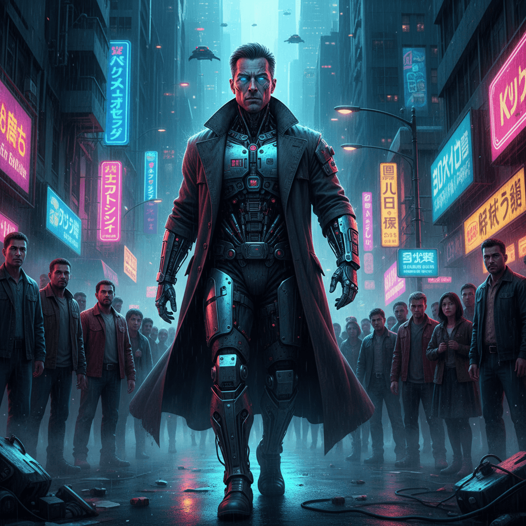 AI generated: Create an emotional dramatic dystopian image based on the movie Blade Runner. The image depicts a ba...
